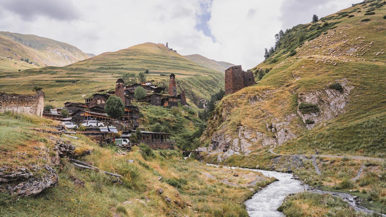 Tusheti village surrounded by hills in Georgia