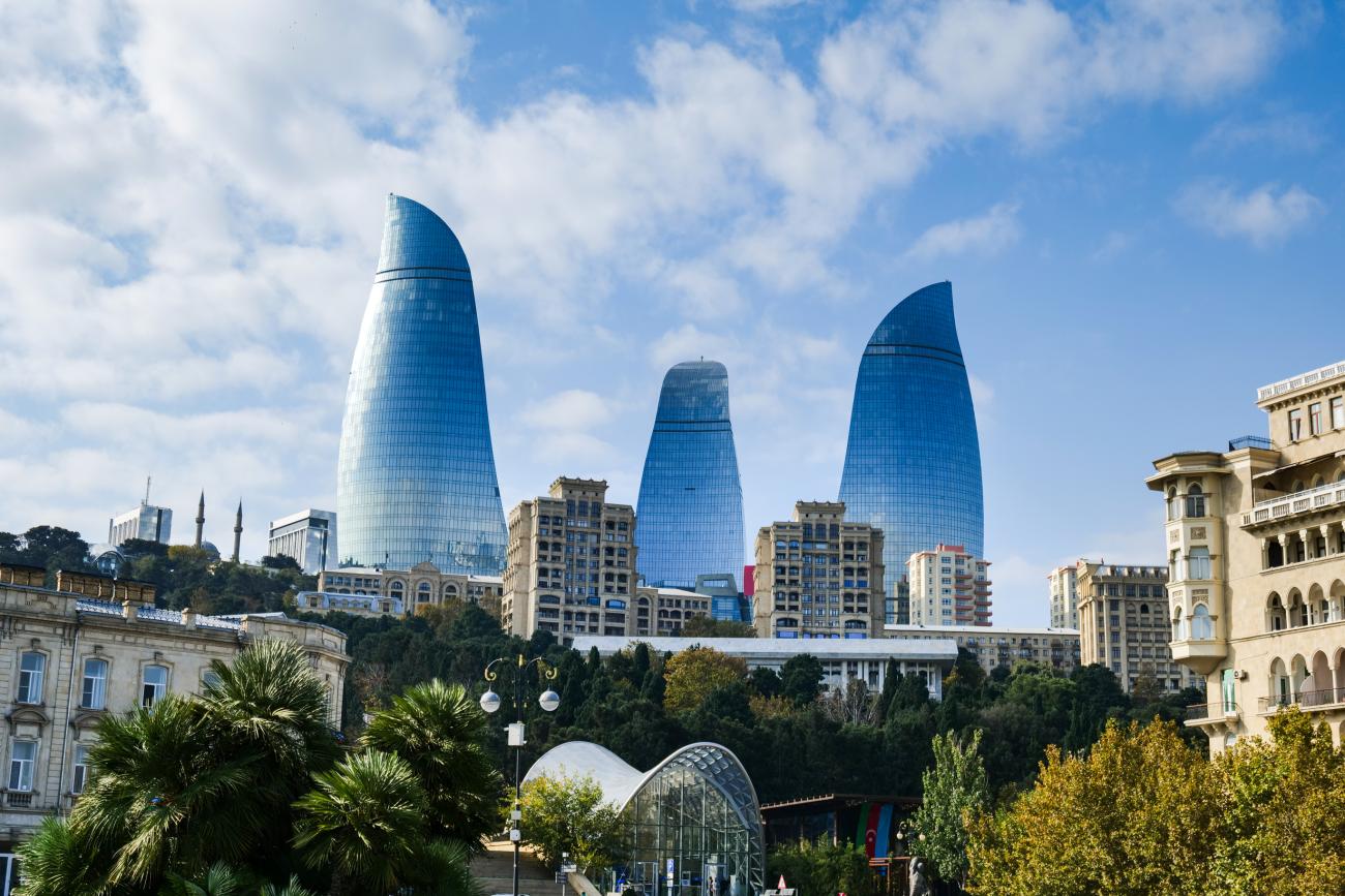 Baku, Azerbaijan three glass building called the Flame Towers