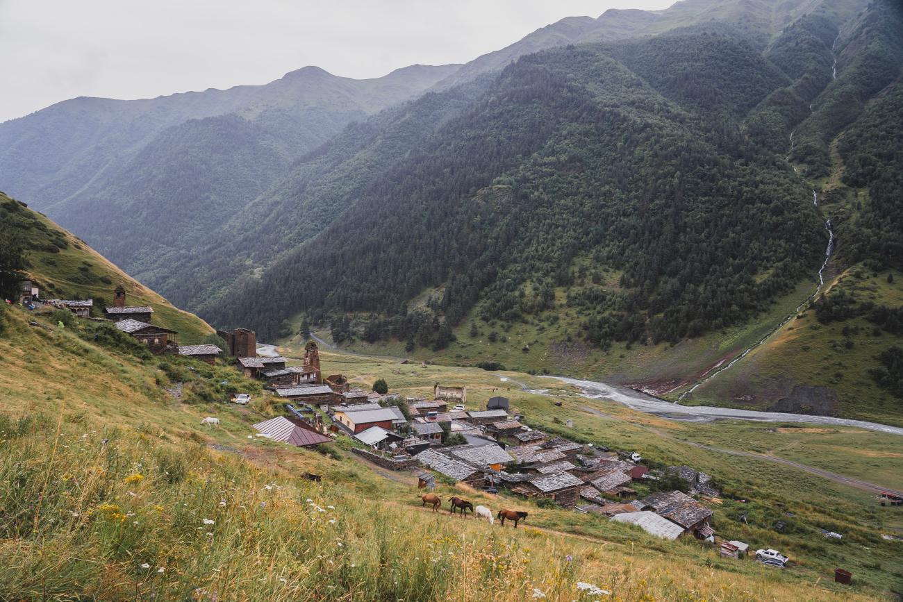 Rooftops of Tushetian houses in a valley, surrounded by forested mountains 