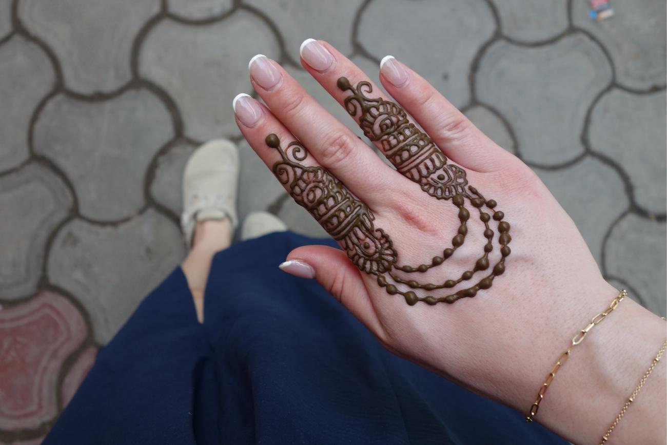 Hand with henna tattoo on the fingers and hand